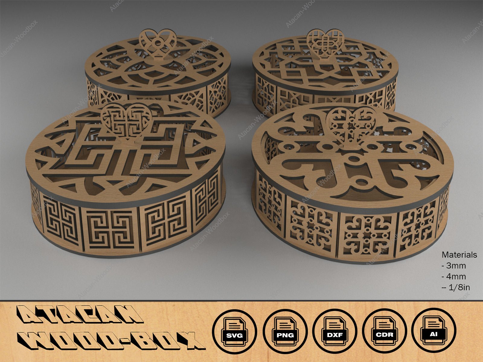 Wooden Decorative Round Boxes / Laser Cut Box Files / Glowforge Wood Vector Cutting Plans SVG DXF Ai CDR 399