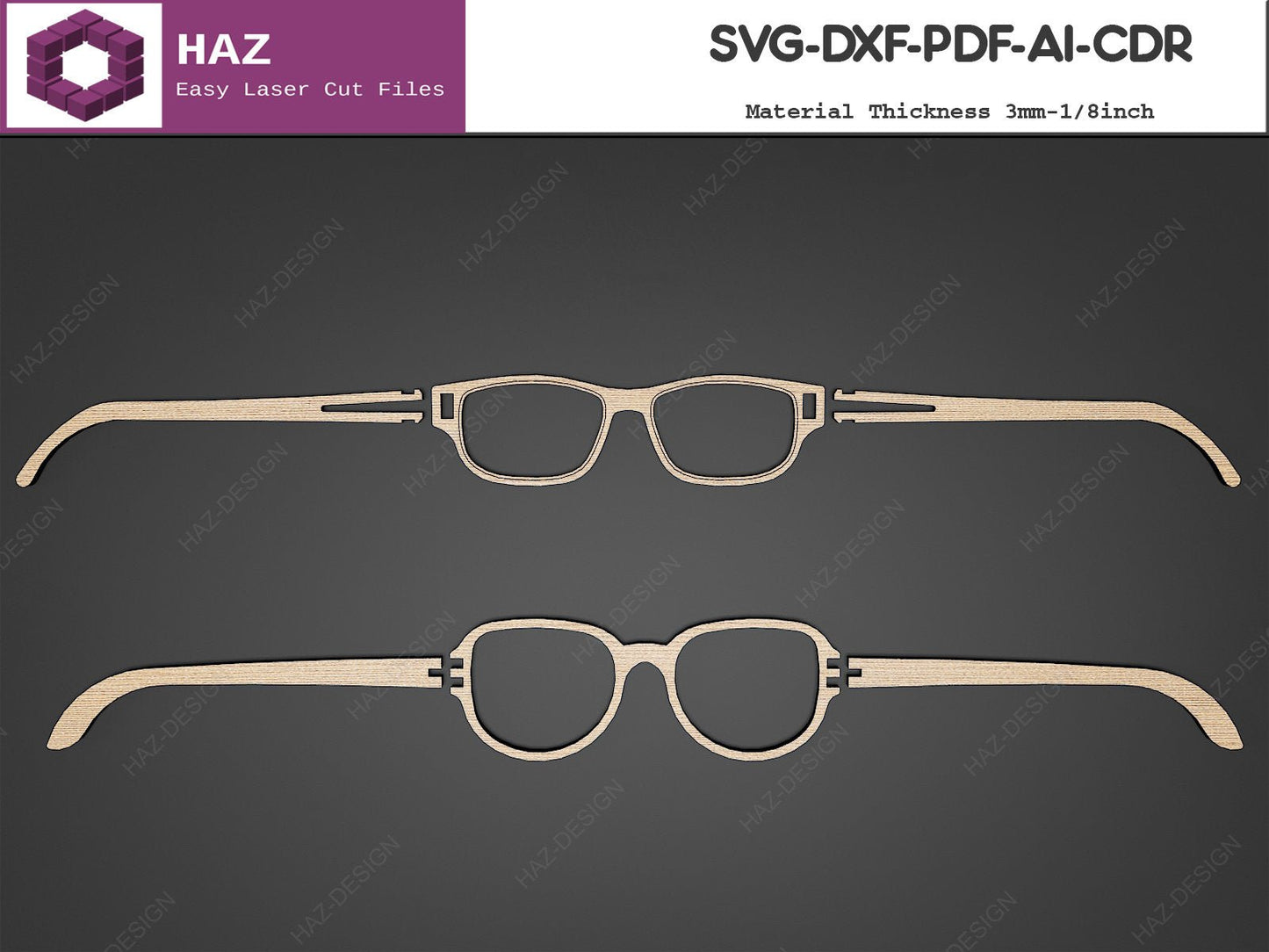 Wooden Glasses Laser Cut Files / Sunglasses Vector Cutting Plans / Glowforge Eyeglasses SVG DXF CDR Ai 073