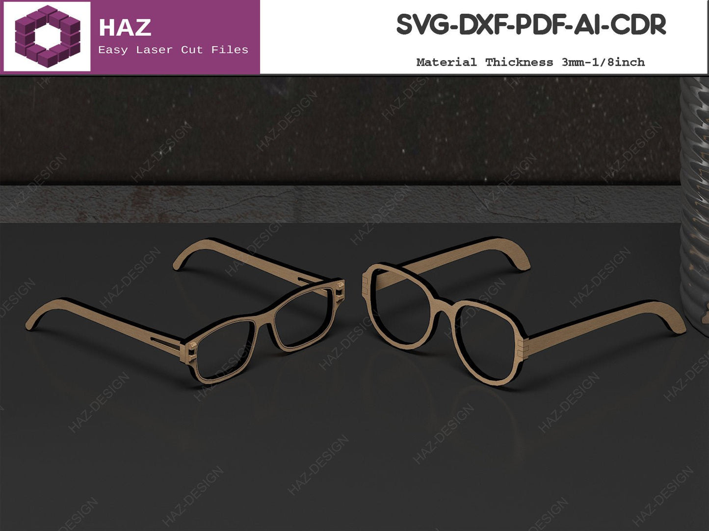 Wooden Glasses Laser Cut Files / Sunglasses Vector Cutting Plans / Glowforge Eyeglasses SVG DXF CDR Ai 073