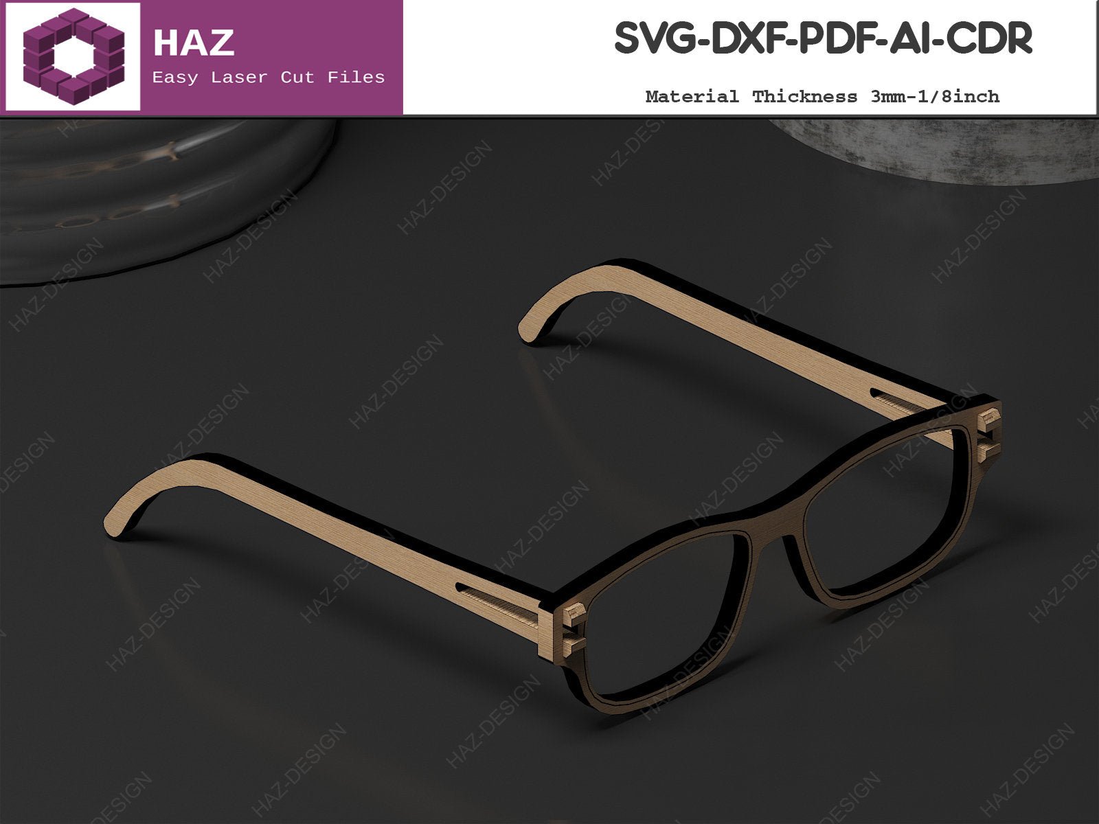 Wooden Glasses Laser Cut Files / Sunglasses Vector Cutting Plans / Glowforge Eyeglasses SVG DXF CDR Ai 073