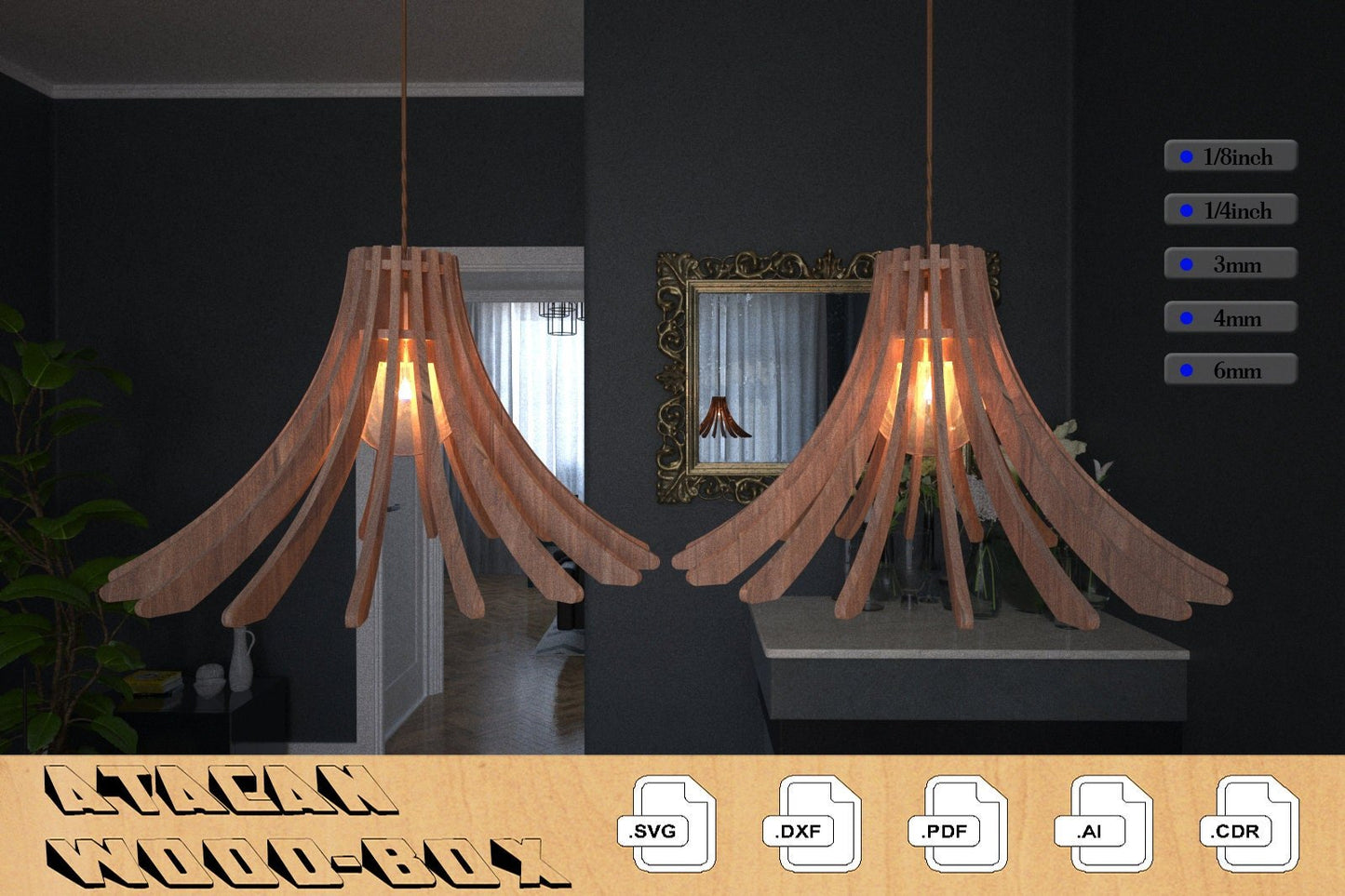 Wooden Hanging Lamp / Pendant Light Laser Cutting Template / Svf, Dxf, Cdr Vector Files 279