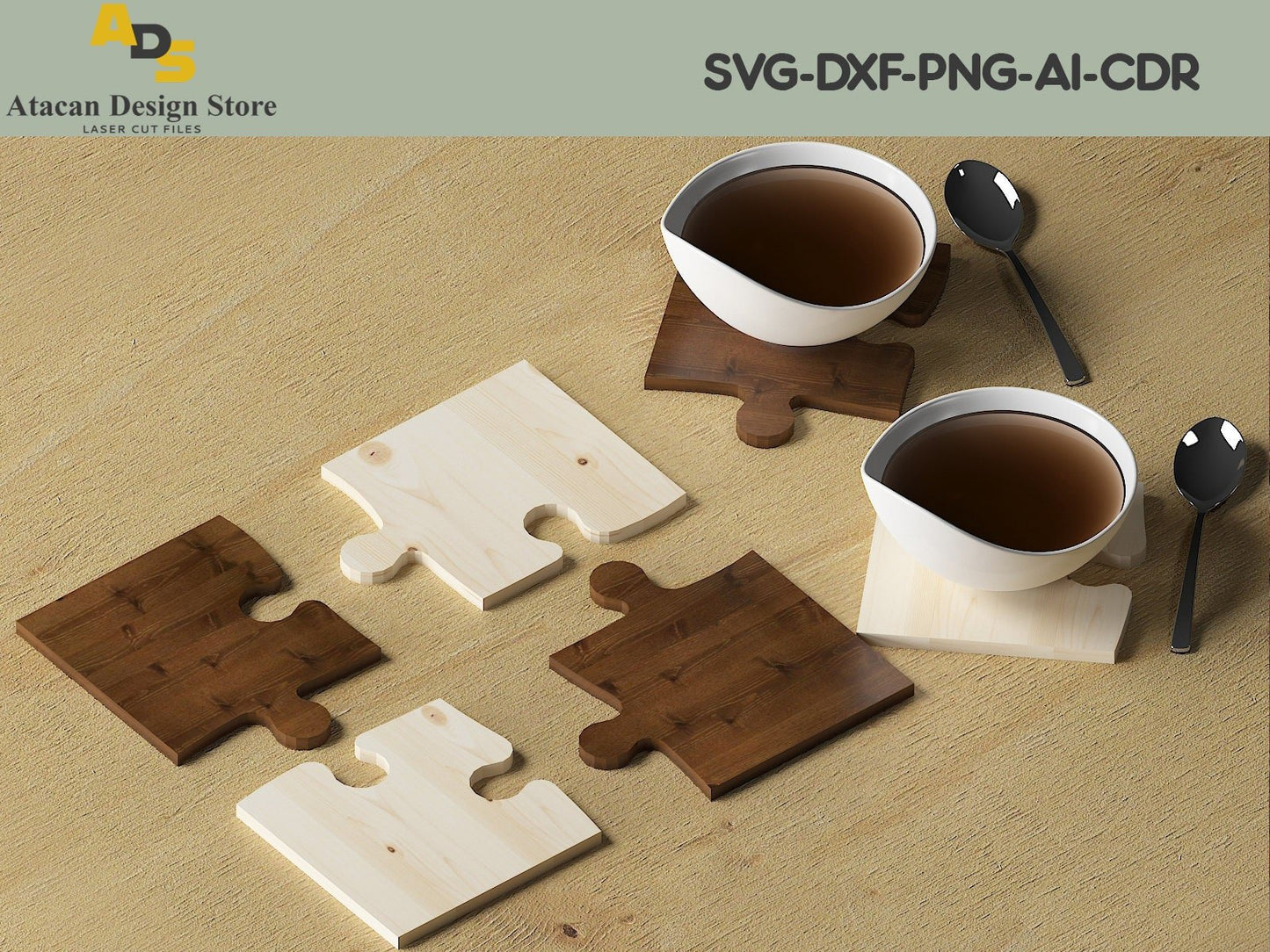 Wooden Jigsaw Puzzle 4 Piece Coasters / Jigsaw Coaster Set / Personalised Glowforge laser cut files ADS130