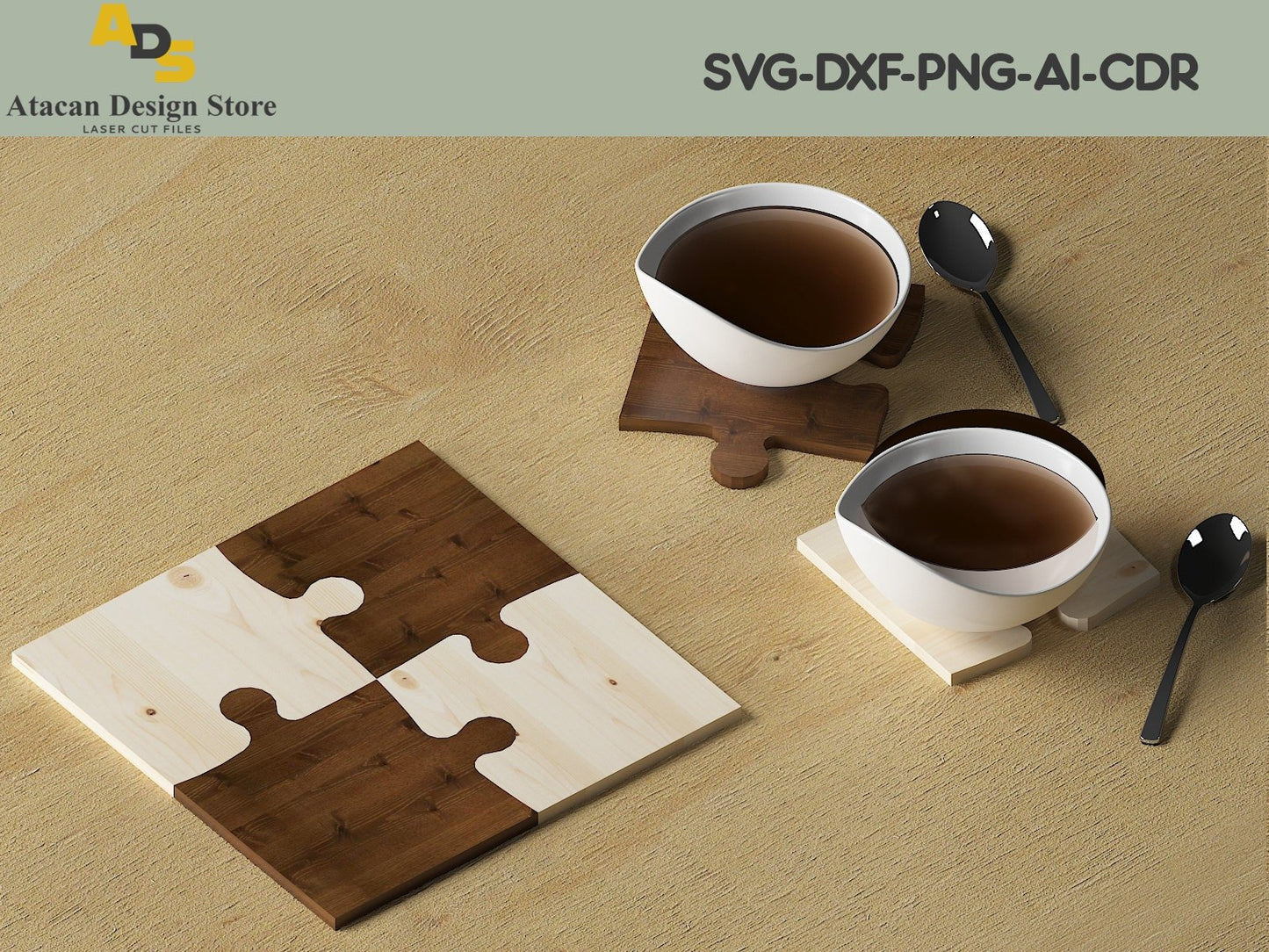 Wooden Jigsaw Puzzle 4 Piece Coasters / Jigsaw Coaster Set / Personalised Glowforge laser cut files ADS130