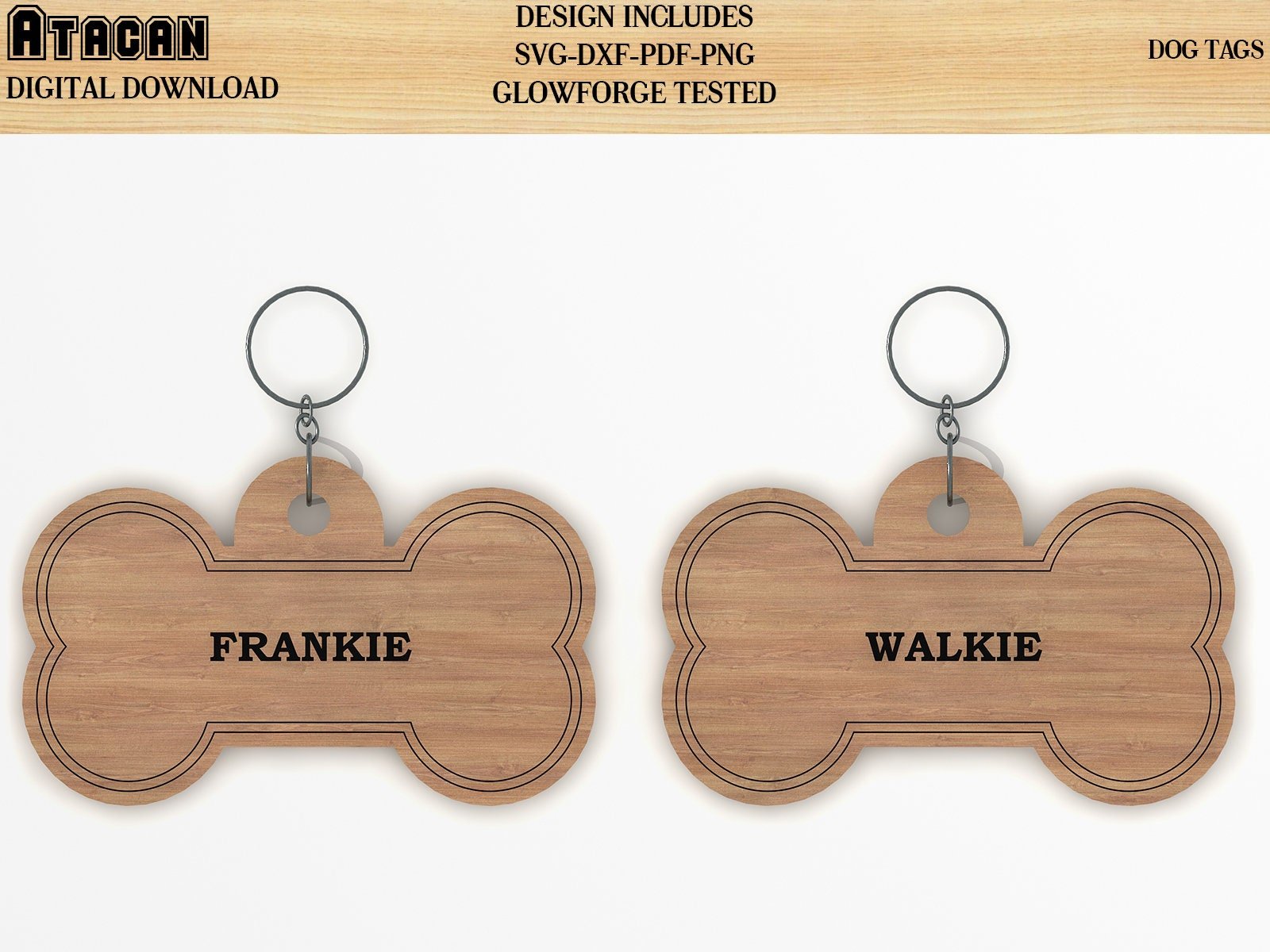 wooden named dog tags cut plan svg file customised pet ID laser dog tag glowforge fit file download 065