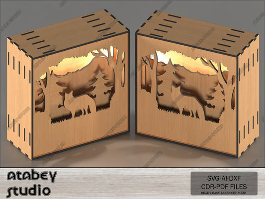 Wooden Night Lamp Wolf Forest Scene Multilayer Shadowbox Laser Cut Lampshade Table Lamp Vector Cut Files 577