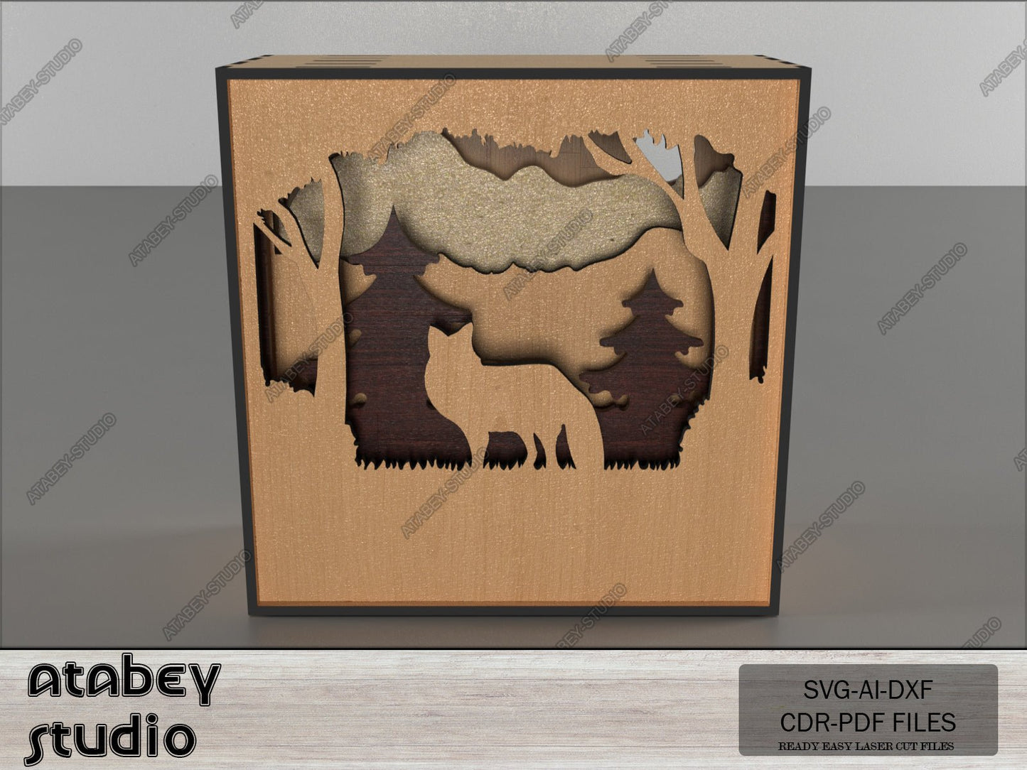 Wooden Night Lamp Wolf Forest Scene Multilayer Shadowbox Laser Cut Lampshade Table Lamp Vector Cut Files 577