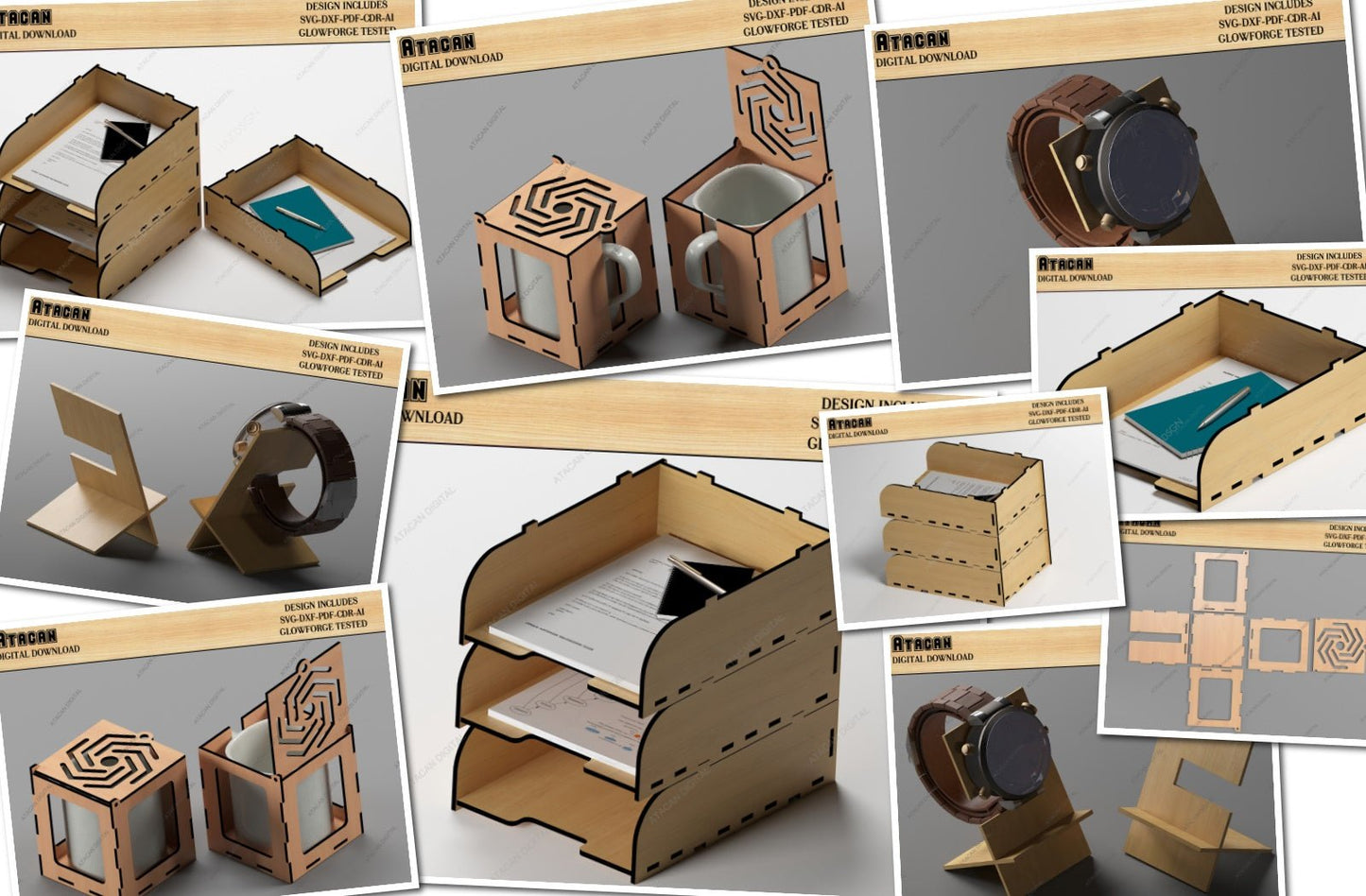 Wooden Paper Tray, Mug Box, Watch Display Stand / Dekstop Organizer Laser Cutting Files / Glowforge Vector Plans SVG DXF CDR Ai 498