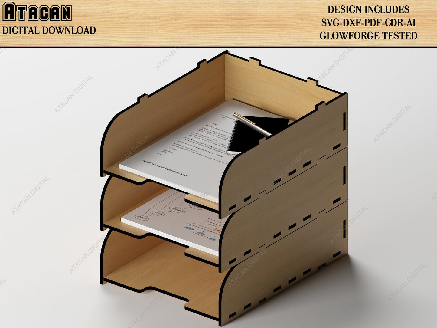Wooden Paper Tray, Mug Box, Watch Display Stand / Dekstop Organizer Laser Cutting Files / Glowforge Vector Plans SVG DXF CDR Ai 498