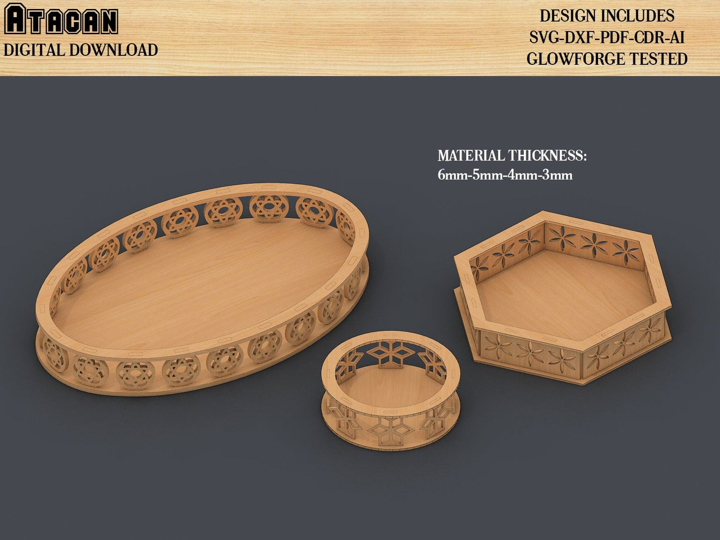 Wooden Serving Tray Digital Files / Round, Hexagon, Elipse, Square Tray SVG file / Tray laser cut files / Laser ready glowforge 443