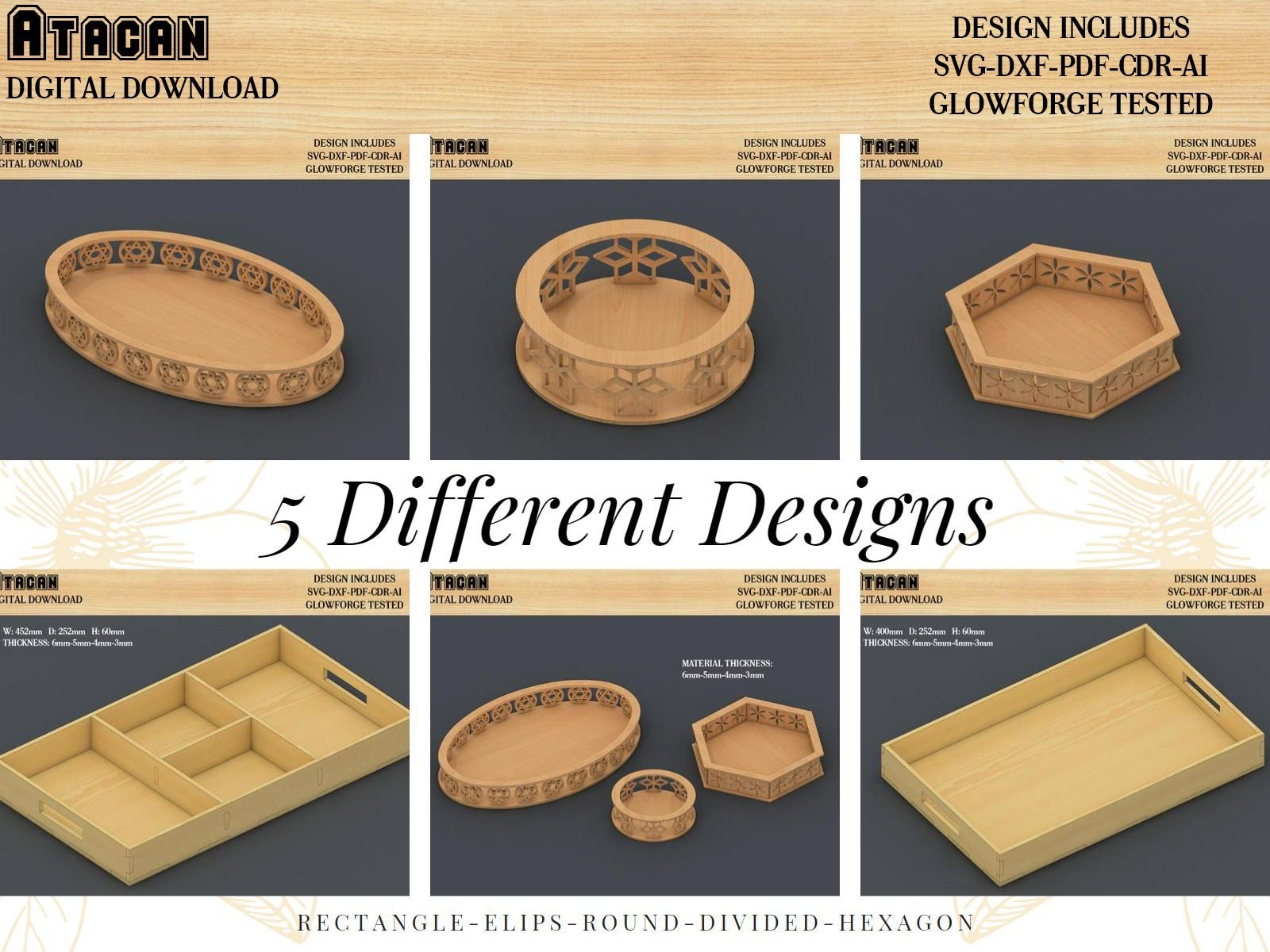 Wooden Serving Tray Digital Files / Round, Hexagon, Elipse, Square Tray SVG file / Tray laser cut files / Laser ready glowforge 443