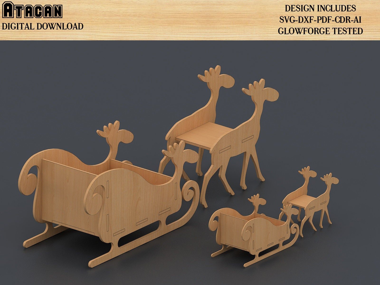 Wooden Sleigh with deer / Laser Cut Christmas Decor / Santa Reindeers and Sleds / Merry Christmas SVG Templates 477