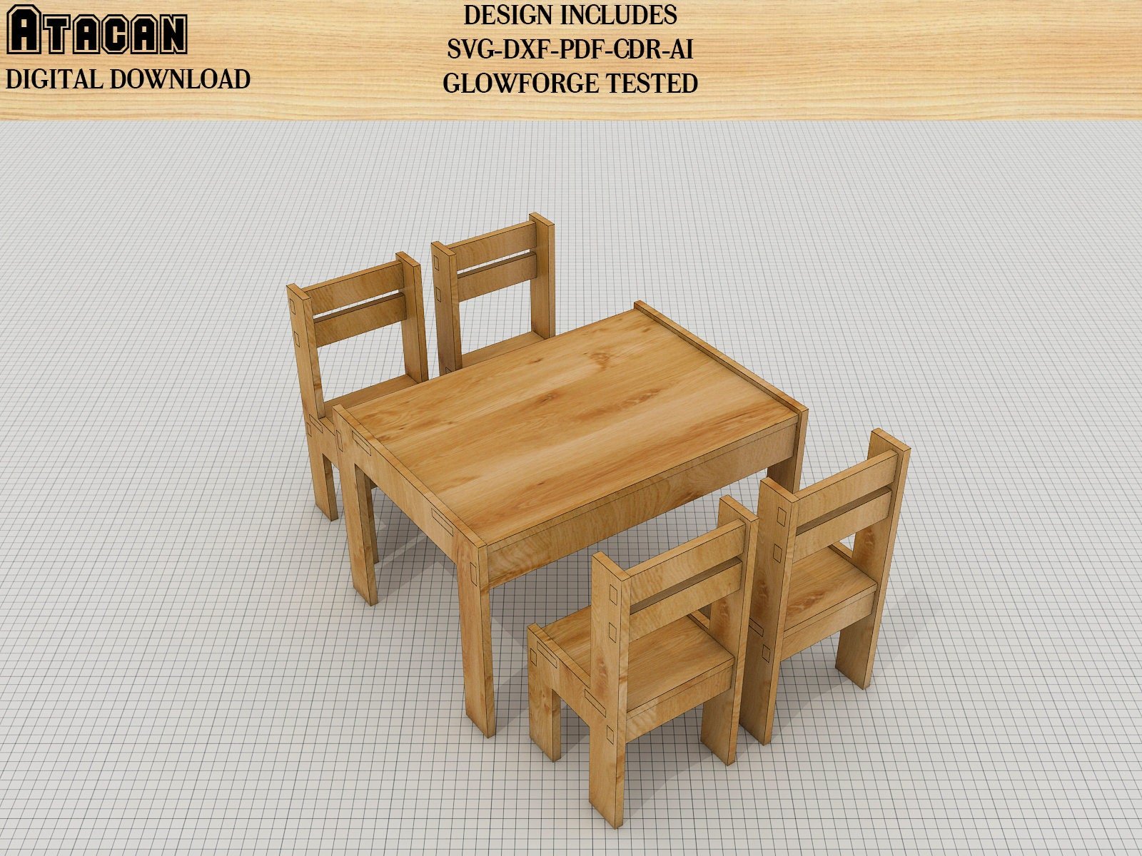 Wooden Table and Chair set SVG DXF CDR Ai files, plywood furniture, laser cut template, dinner set Download 059