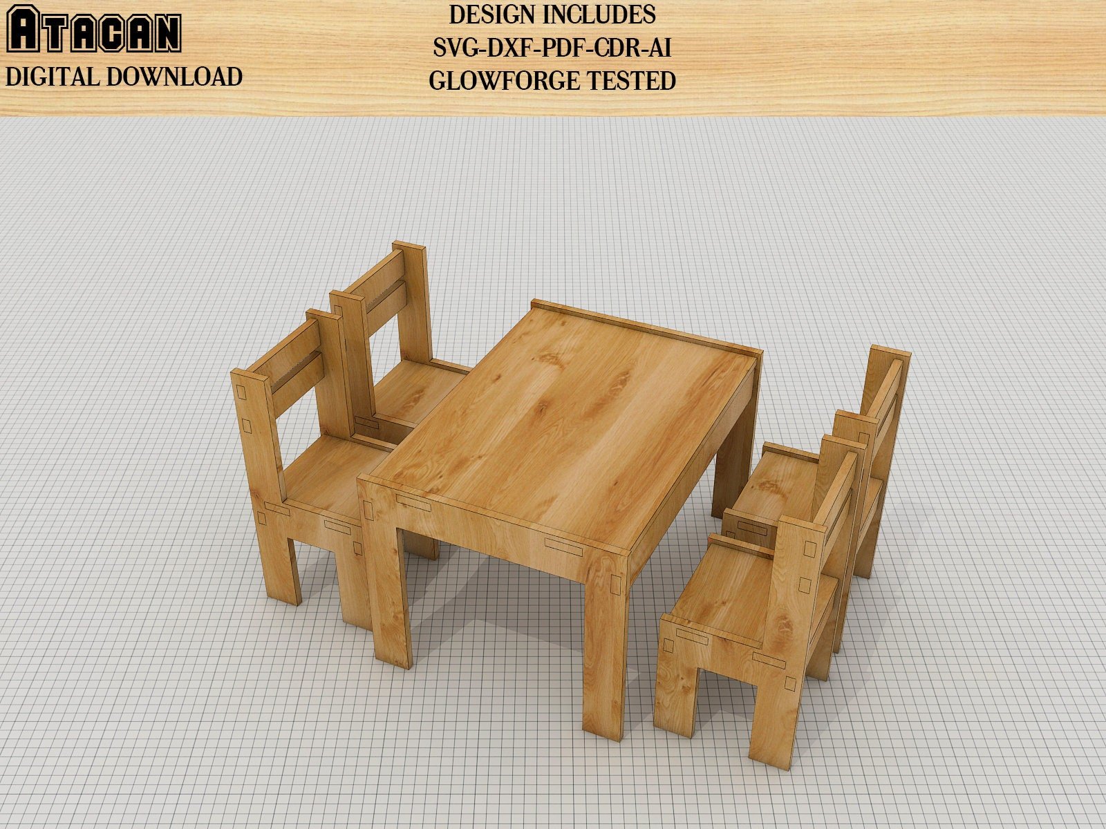 Wooden Table and Chair set SVG DXF CDR Ai files, plywood furniture, laser cut template, dinner set Download 059