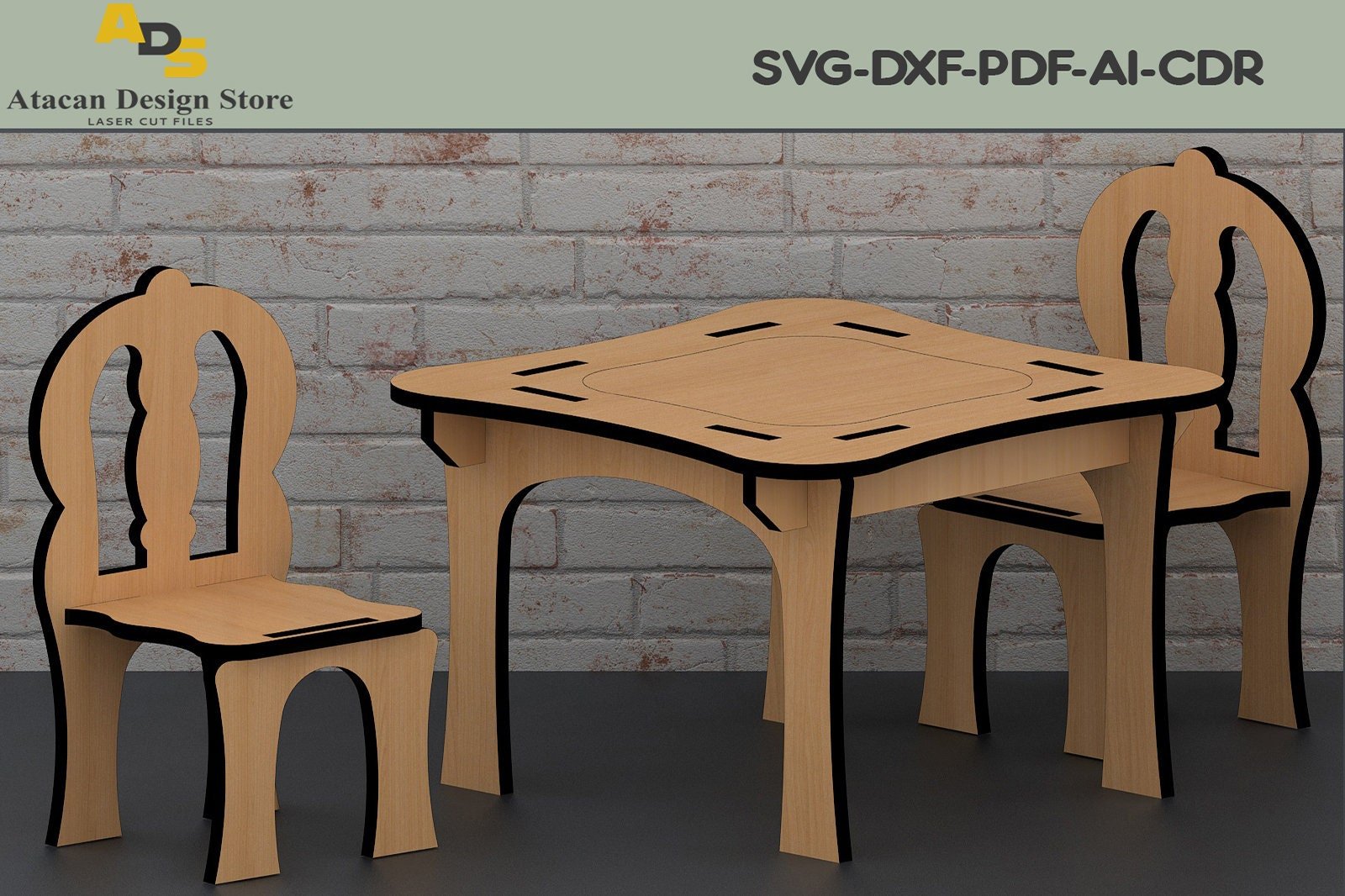 Wooden Table & Chair Laser cut cnc router files and templates Dxf, Svg, Pdf, Ai, Cdr formats ADS127