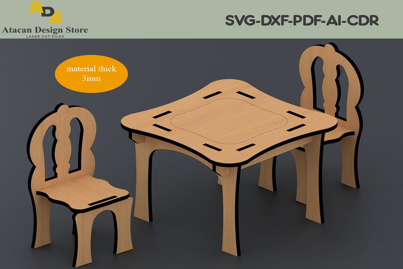 Wooden Table & Chair Laser cut cnc router files and templates Dxf, Svg, Pdf, Ai, Cdr formats ADS127