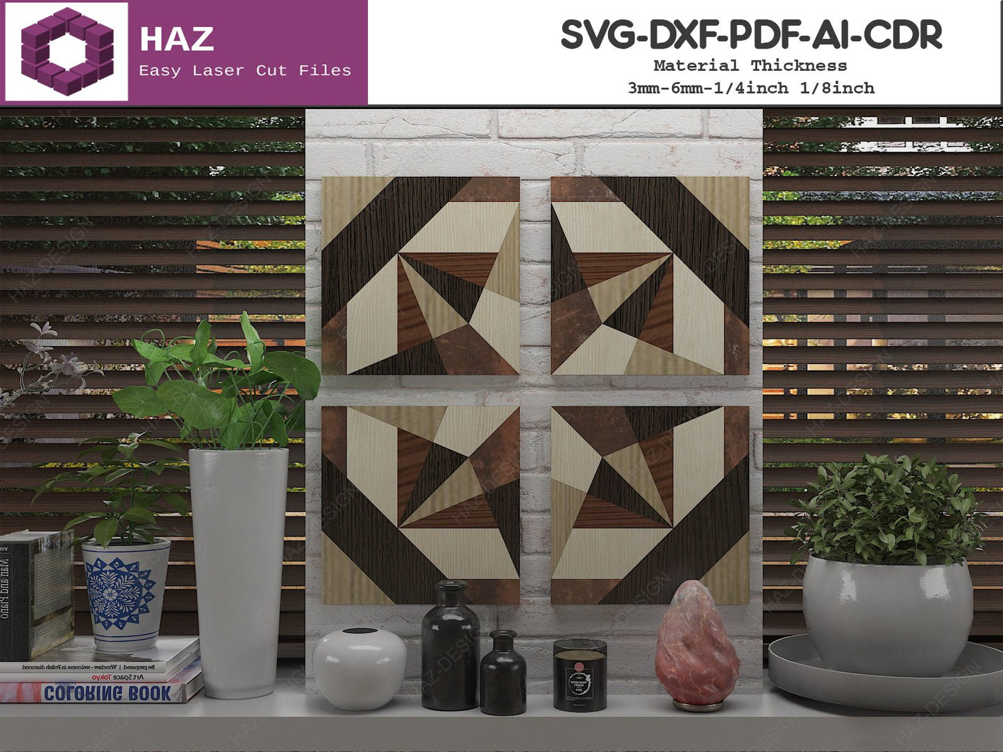 Wooden Wall Art Pattern / Barn Quilt Laser Files / Quilts Block Wall Decor / Wood Quilt Cuts / Geometric Design SVG DXF Ai CDR 077