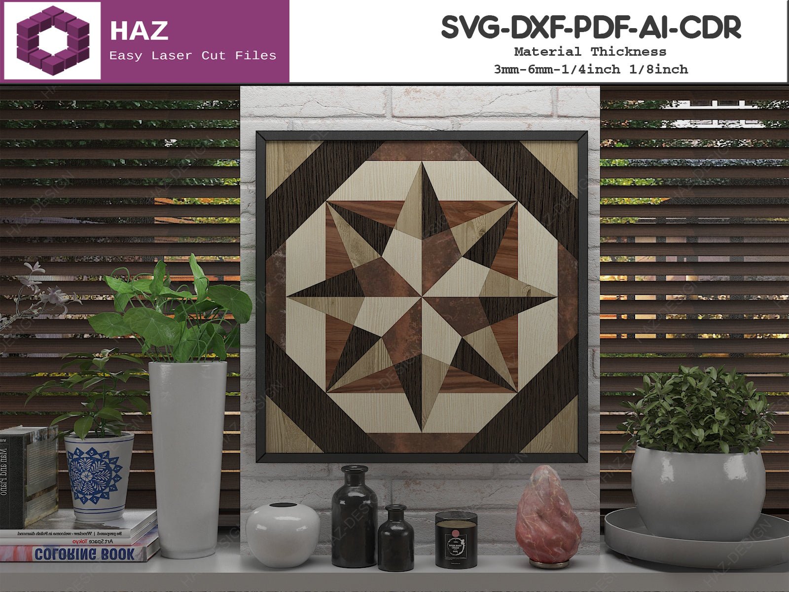 Wooden Wall Art Pattern / Barn Quilt Laser Files / Quilts Block Wall Decor / Wood Quilt Cuts / Geometric Design SVG DXF Ai CDR 077